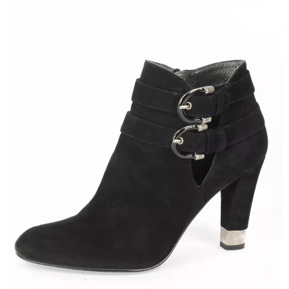 Stuart Weitzman Suede Bootie Ankle Boot Black Almond Toe Heeled Two Buck…